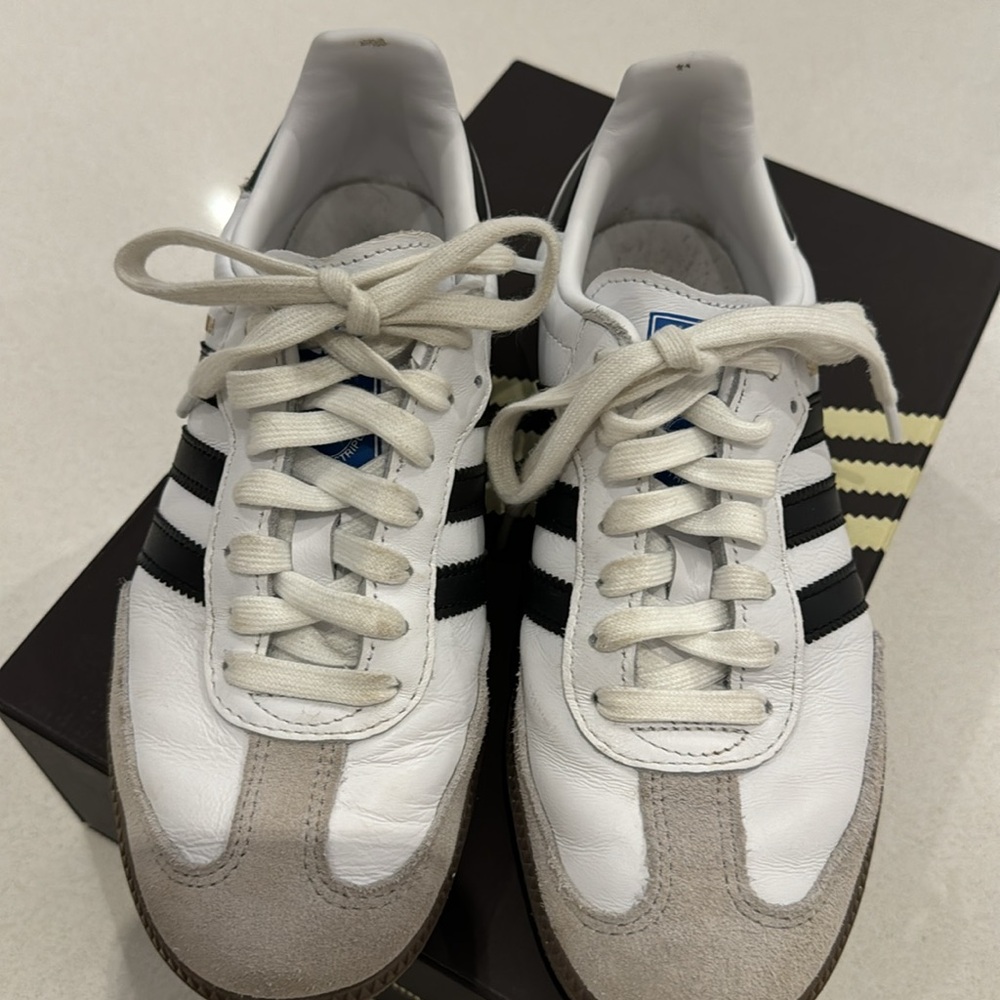 Women’s adidas samba 6.5, white, black stripes. No box, worn three times.